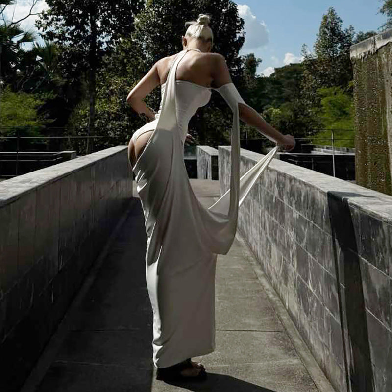 Spring Women Sexy Irregular Asymmetric Solid Color Tube Top Jumpsuit Halter Two Piece Sets
