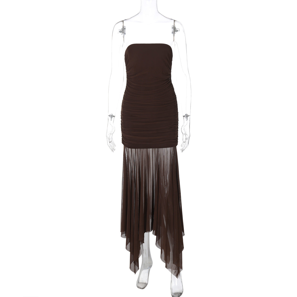 Strapless Ruched Sheer Mesh Asymmetric Hem Maxi Dress 6