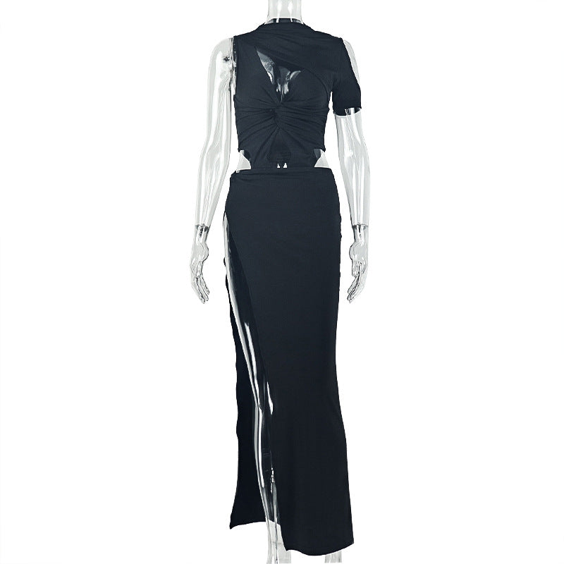 Asymmetric Mock Neck Cold Shoulder Cut Out Ruched High Split Maxi Dress 5