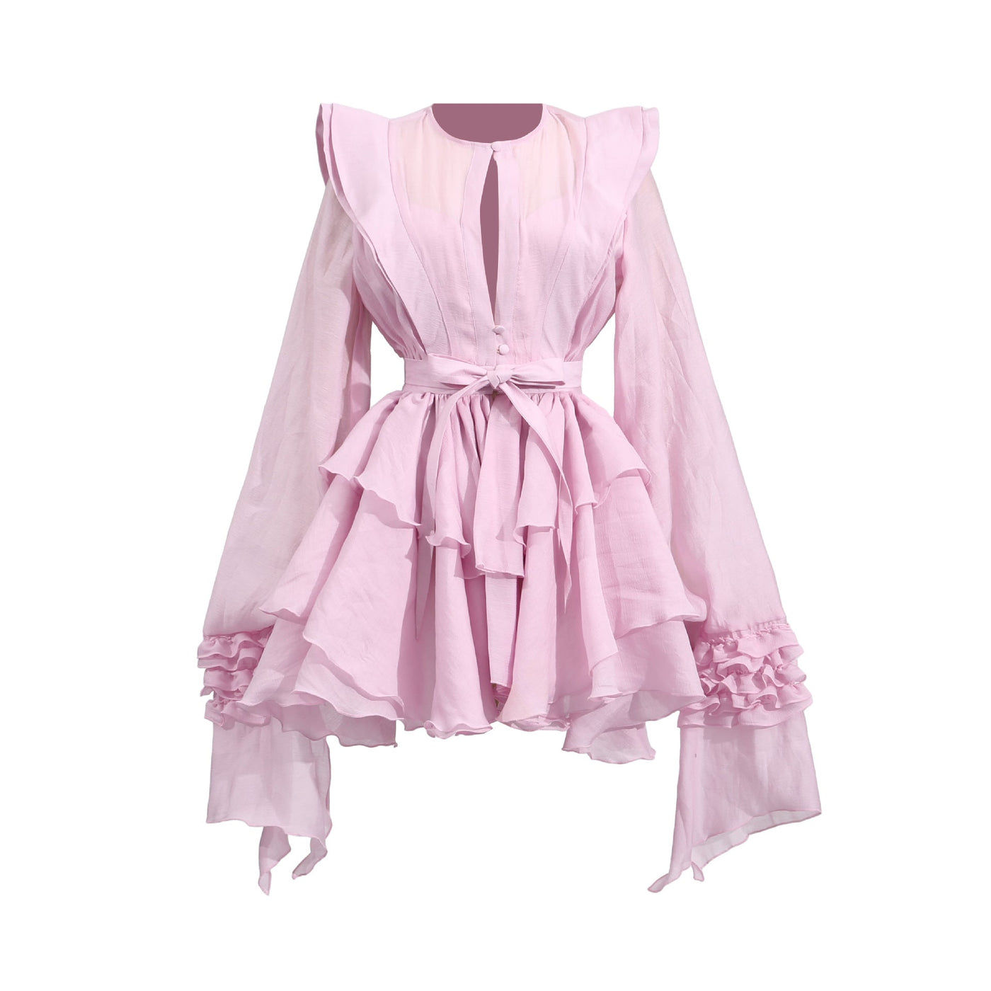 Chiffon Long Sleeve Tiered Ruffle Belted Mini Dress 5
