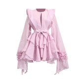 Chiffon Long Sleeve Tiered Ruffle Belted Mini Dress 5