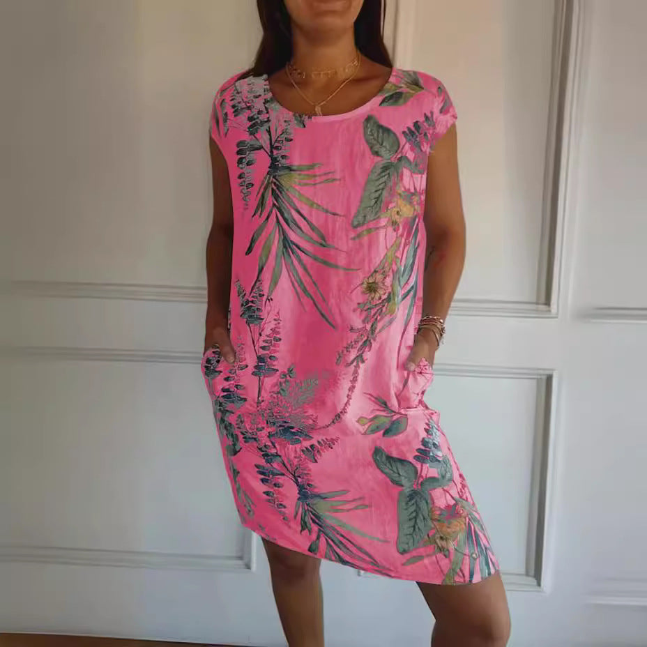 Botanical Leaf Print Round Neck Cap Sleeve Shift Dress with Pockets 2