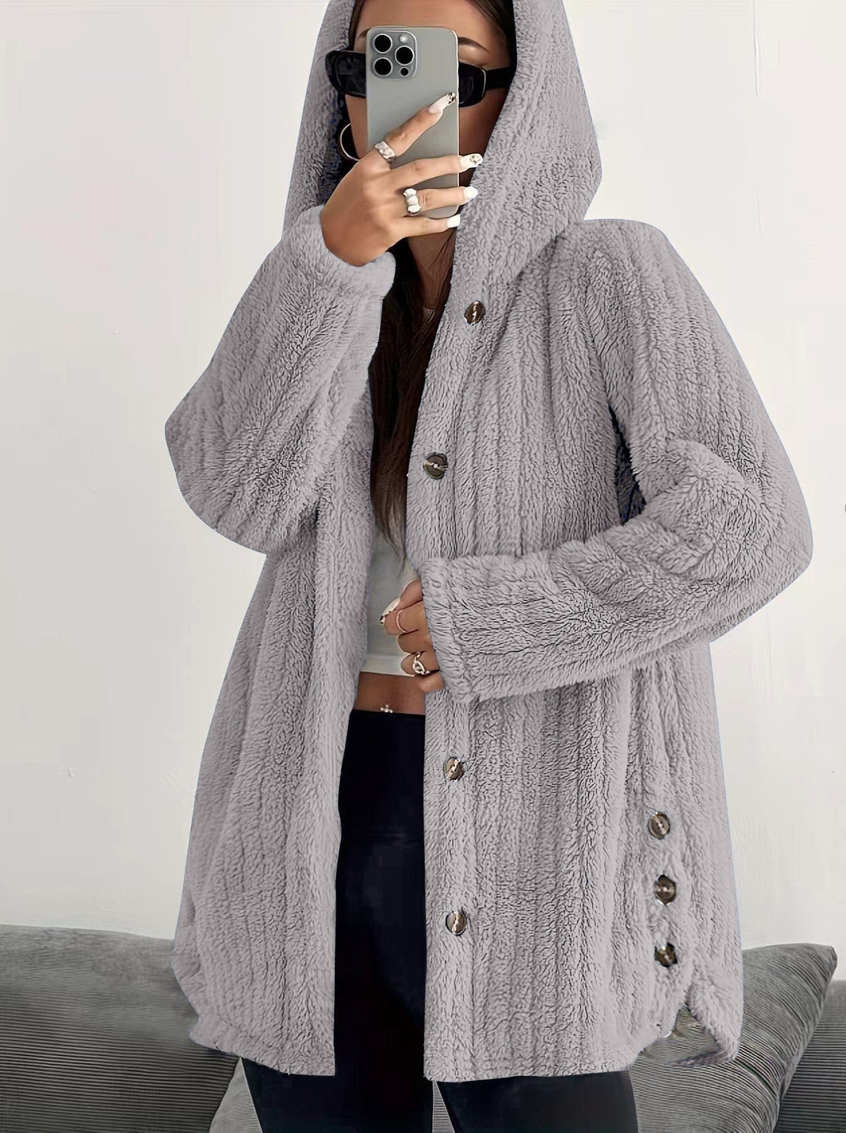 Hooded Button Front Fleece Cardigan Coat