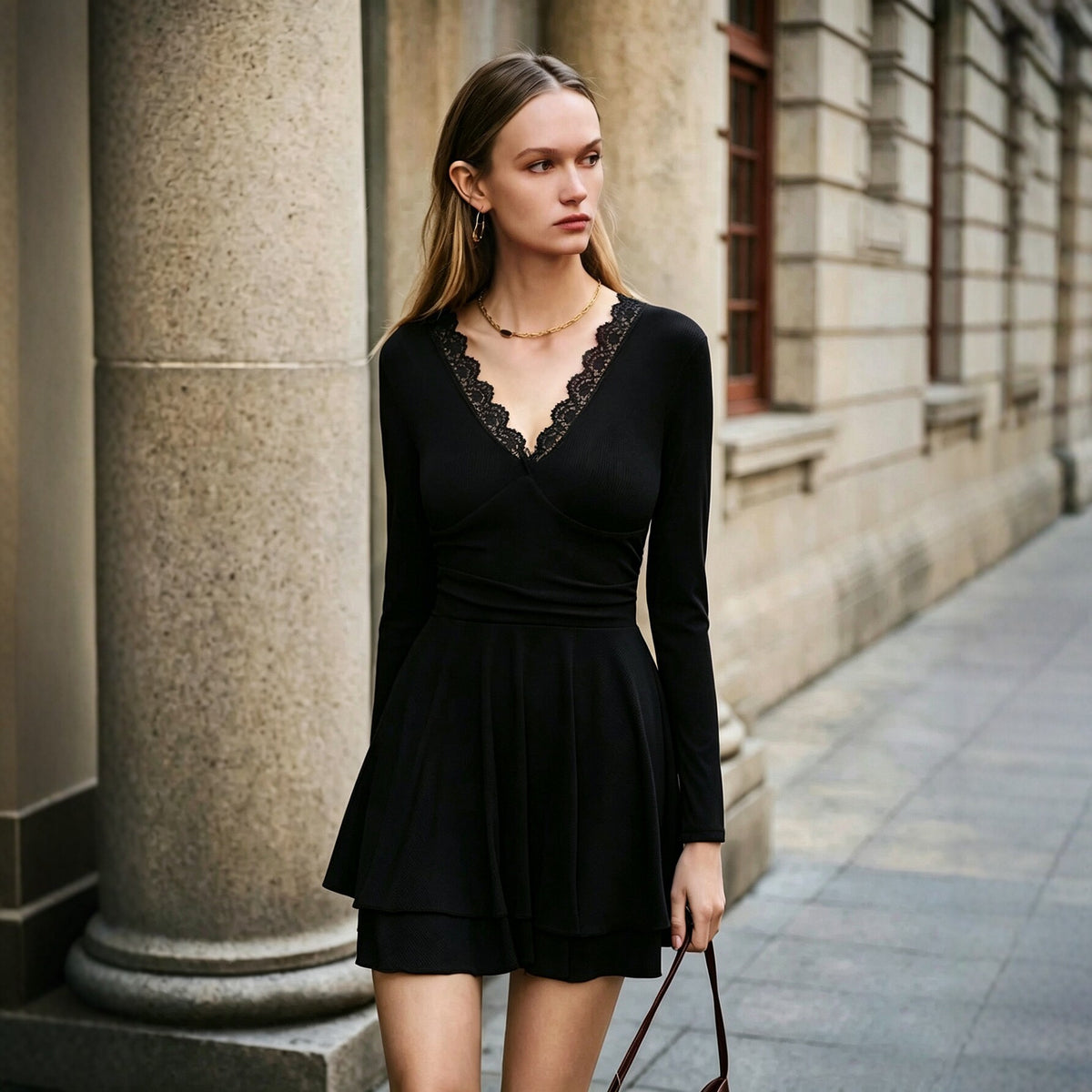 Lace Trim V-Neck Long Sleeve Tiered Ruffle Hem Fit and Flare Mini Dress