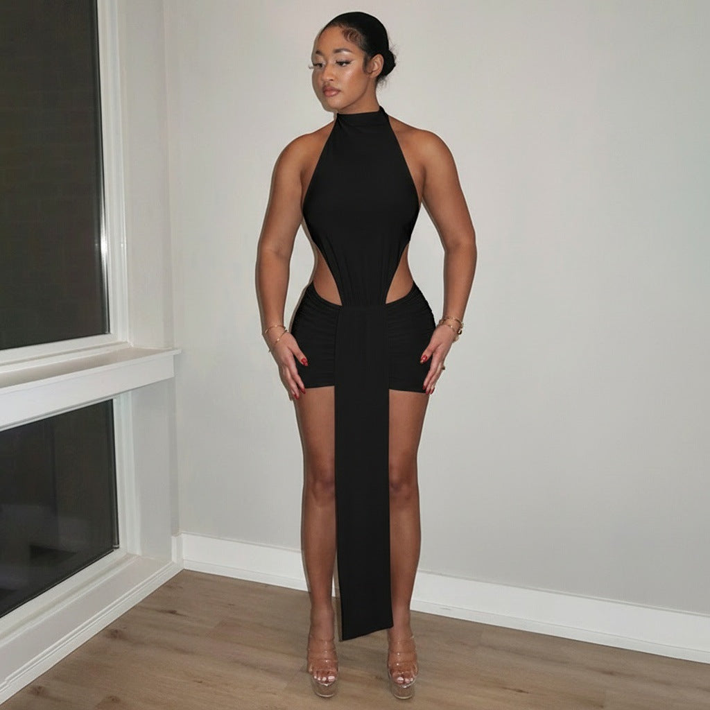 Mock Neck Halter Side Cut Out Ruched Mini Dress with Drape Panel 2
