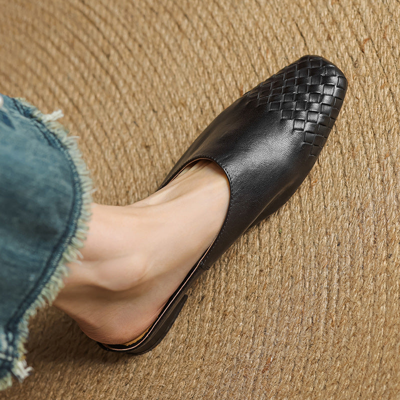Square Toe Woven Detail Low Block Heel Mules