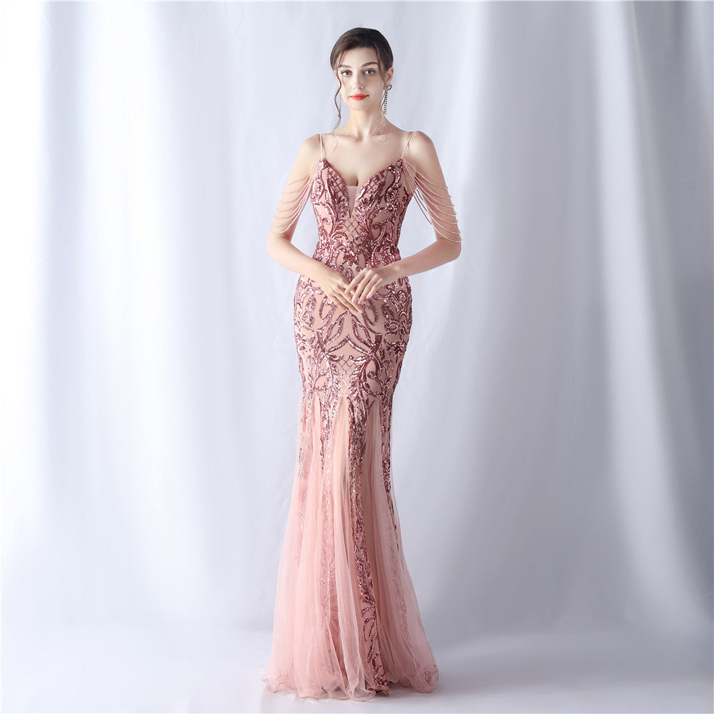 Positioning Floral Sequin Mesh Craft Beads High End Evening Dress