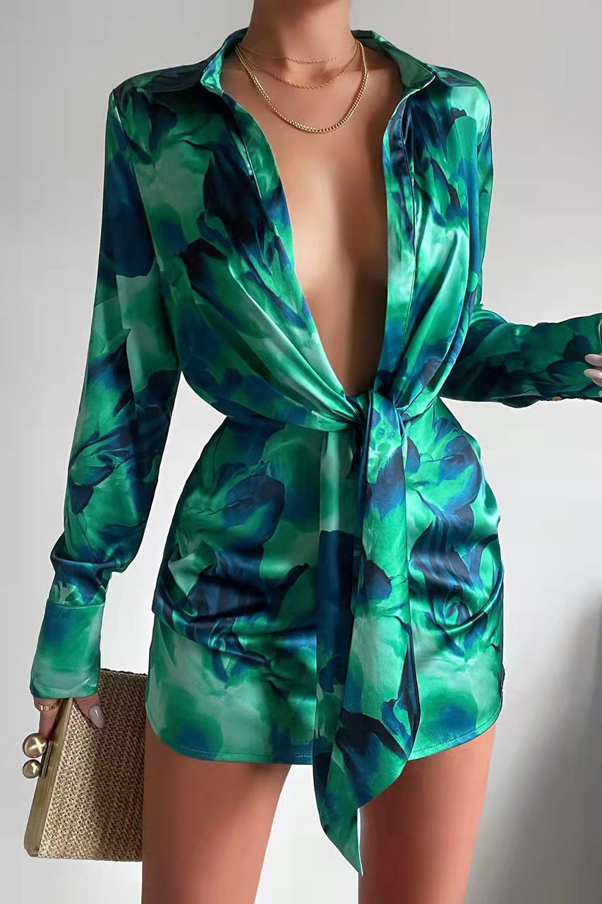 Abstract Print Satin Plunge Collared Tie Waist Long Sleeve Shirt Dress