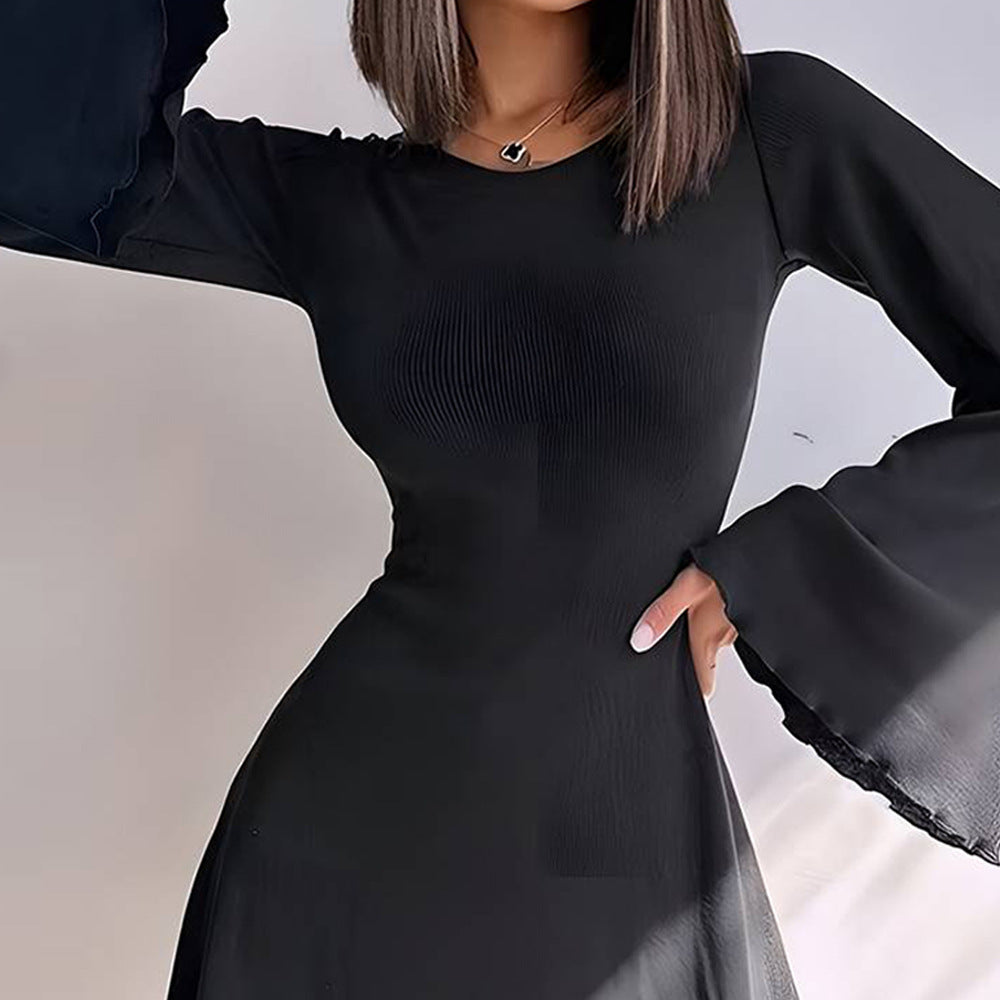 Round Neck Bell Sleeve Lettuce Trim Hem Fit and Flare Mini Dress 4