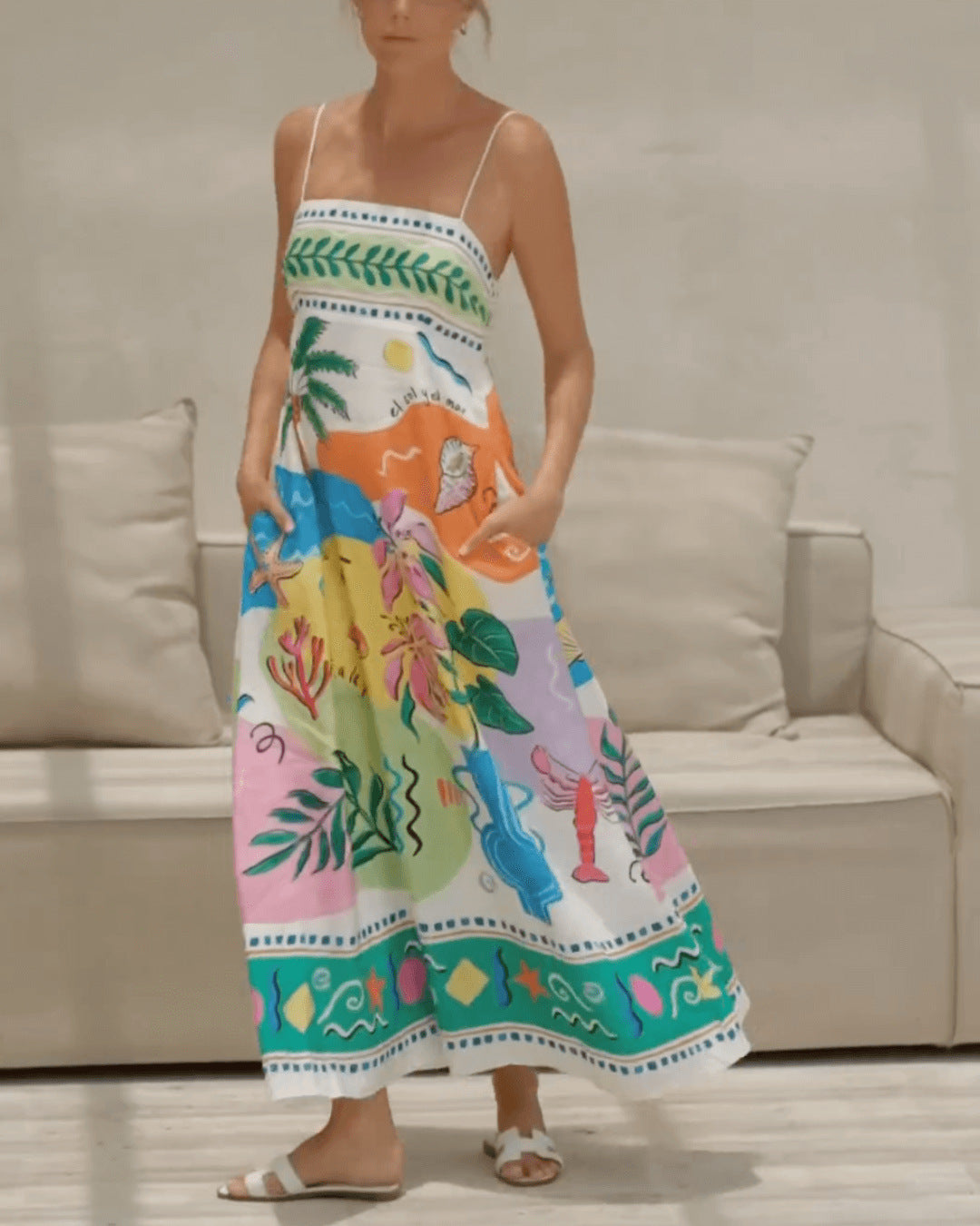 Tropical Beach Print Spaghetti Strap Square Neck Pocket Maxi Dress 4