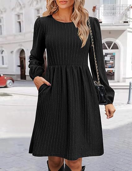 Cable Knit Crew Neck Long Sleeve Pocket A-Line Mini Dress 2