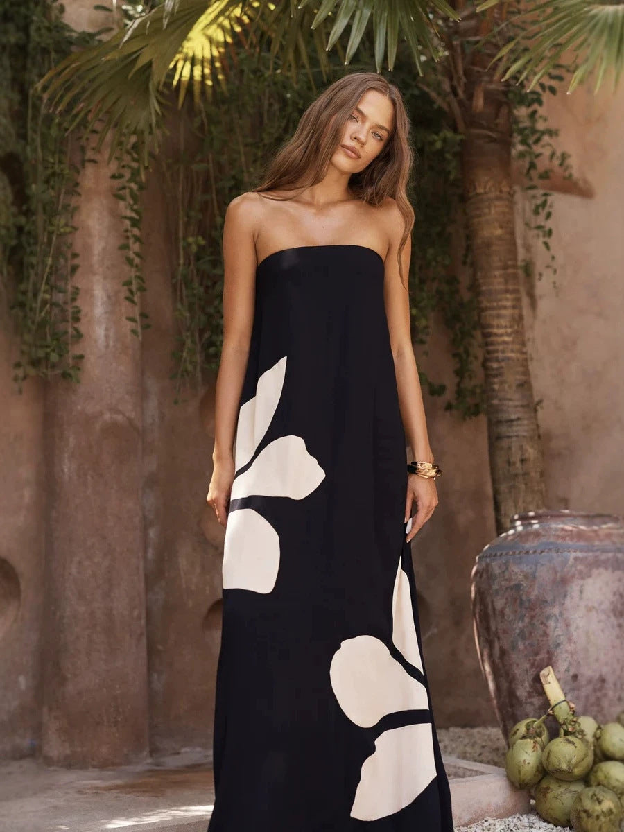 Abstract Leaf Print Strapless Bandeau Loose A-Line Maxi Dress 2