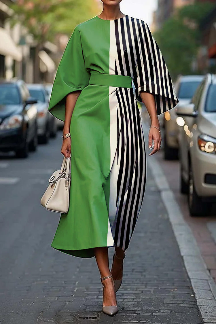 Zoraida - Stylish Batwing Sleeve Long Dress Green Stripe