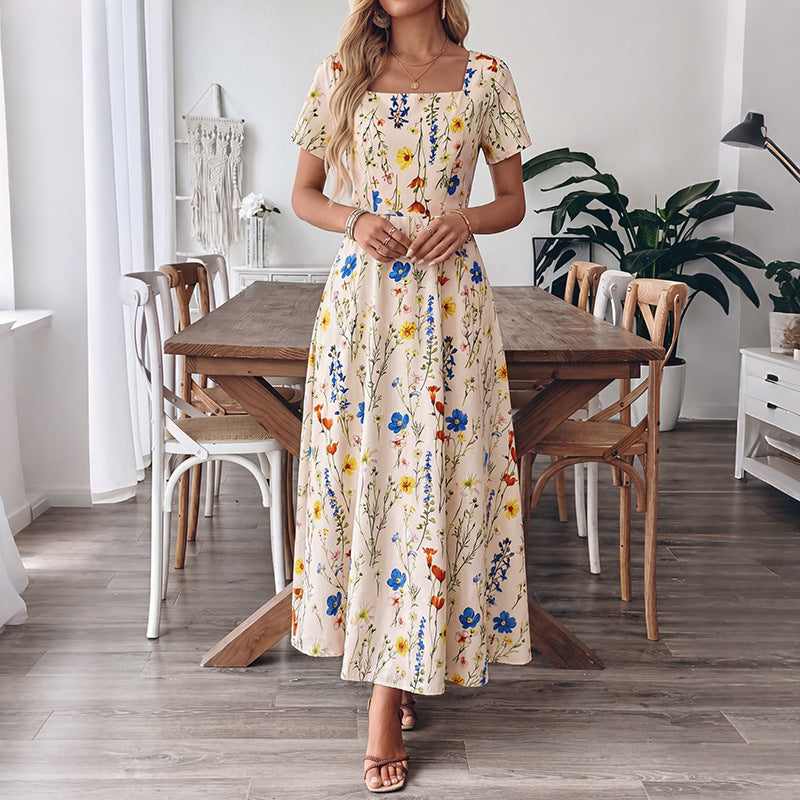 Summer French Vacation Floral Square Collar Waist Trimming Short Sleeved Dress