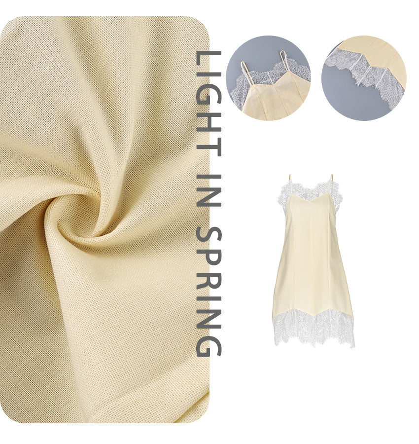 Linen Look Lace Trim Spaghetti Strap Slip Mini Dress 10