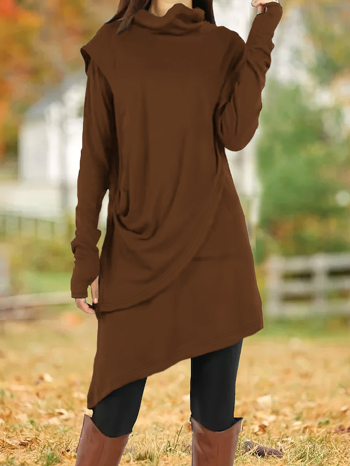 Cowl Turtleneck Draped Asymmetric Layered Long Sleeve Thumbhole Tunic Dress 6