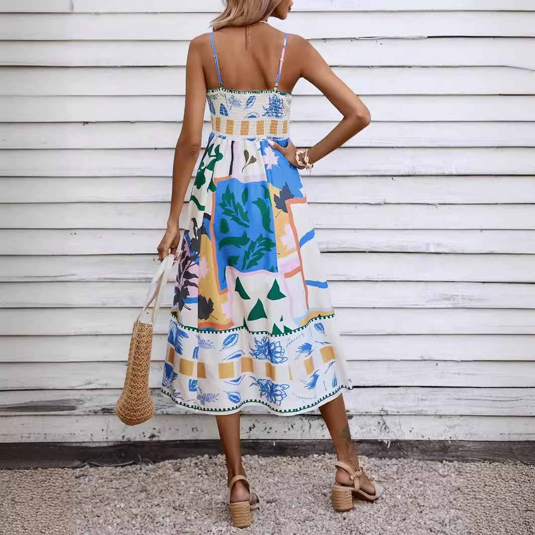 Abstract Floral Print Spaghetti Strap Square Neck A-Line Midi Dress 2