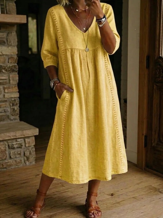 V-Neck Lace Trim Linen Pocket Midi Dress 7