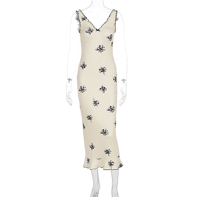 Floral Print V-Neck Lettuce Trim Bow Detail Slip Midi Dress 2