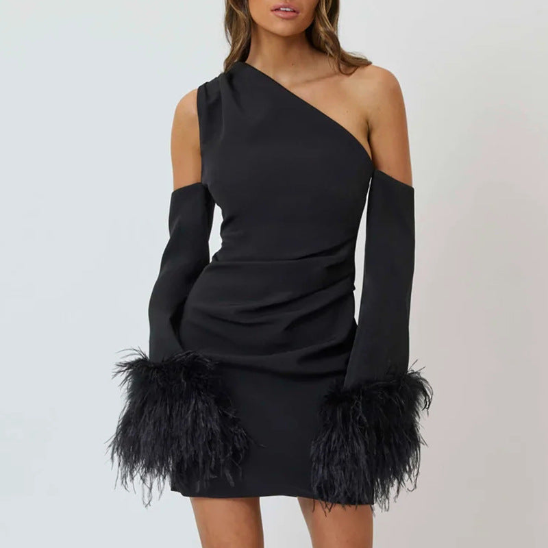 One Shoulder Feather Cuff Long Sleeve Ruched Mini Dress 5