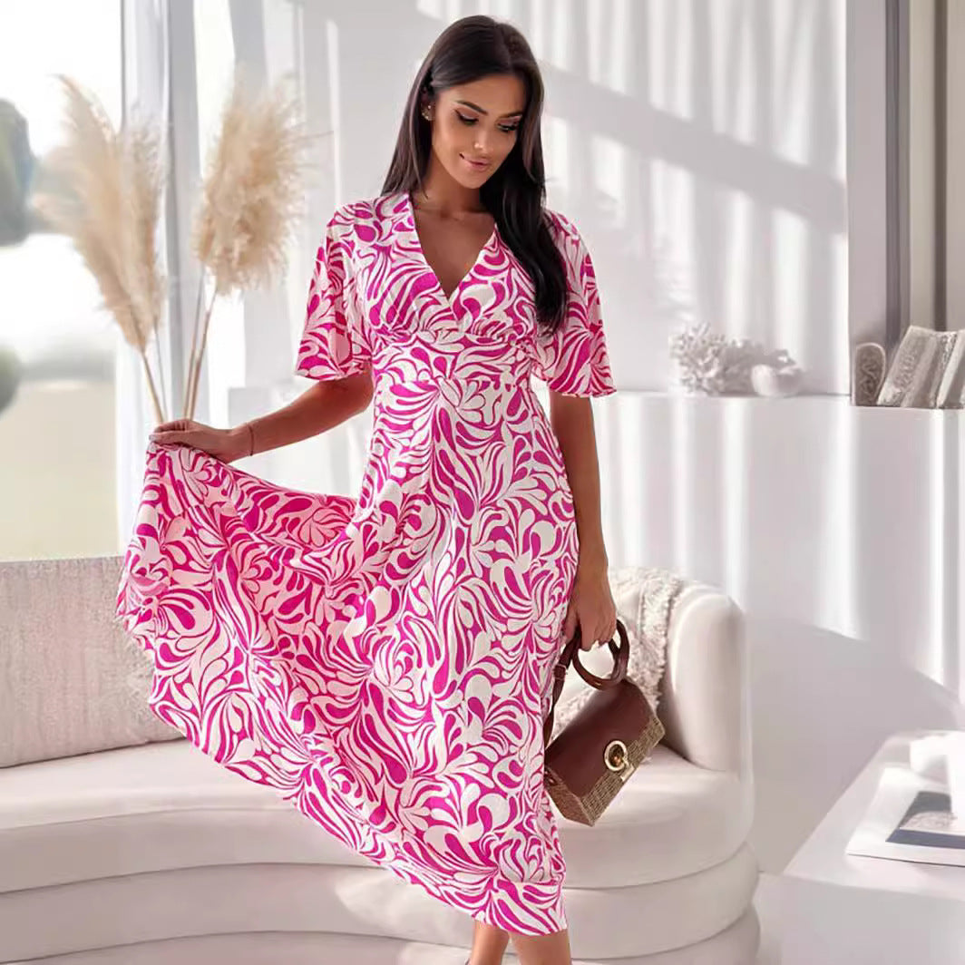 Abstract Print Wrap V-Neck Flutter Sleeve A-Line Midi Dress 6