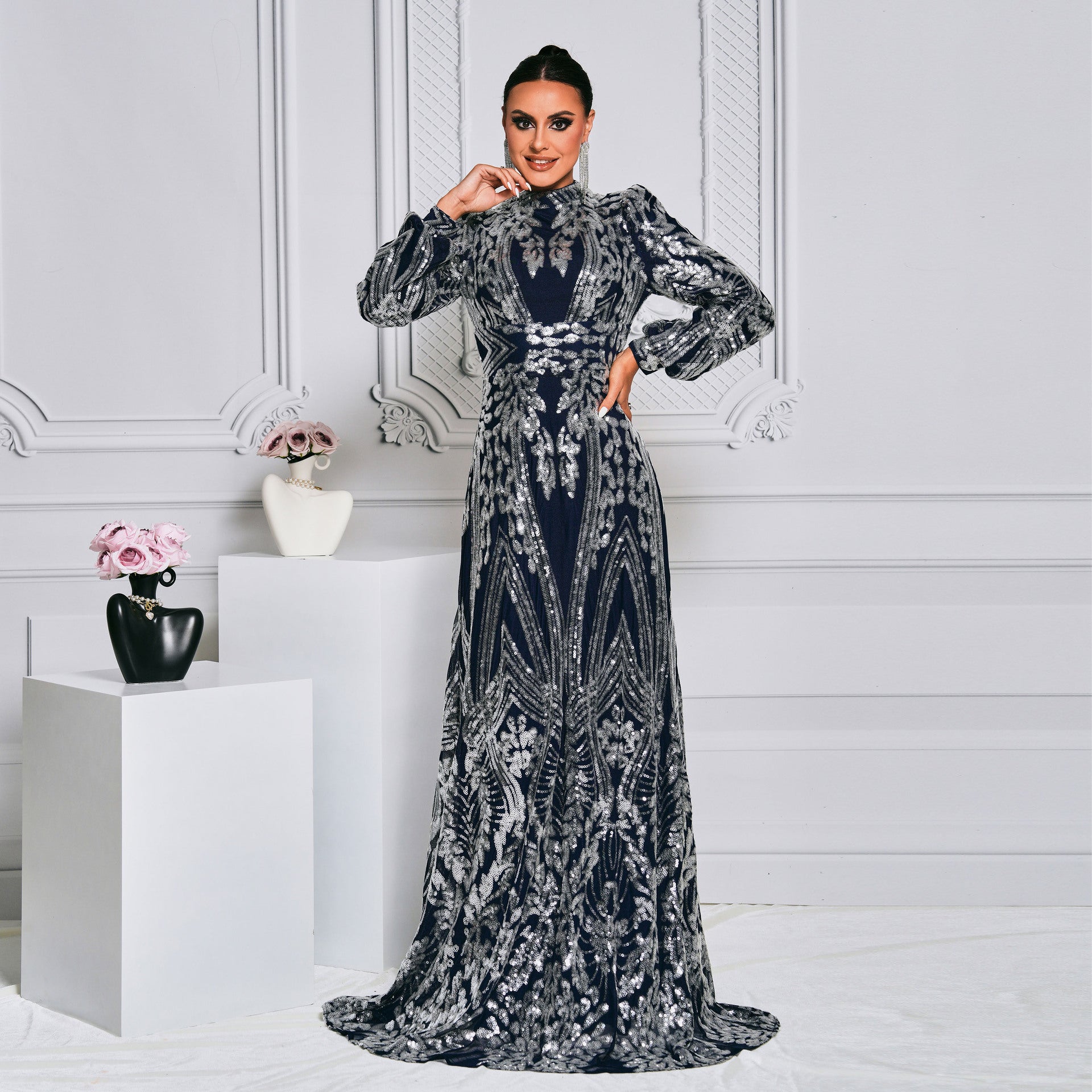 Sexy Long Sequined Long Sleeve round Neck Cocktail Evening Dress Bridesmaid Dress for Women