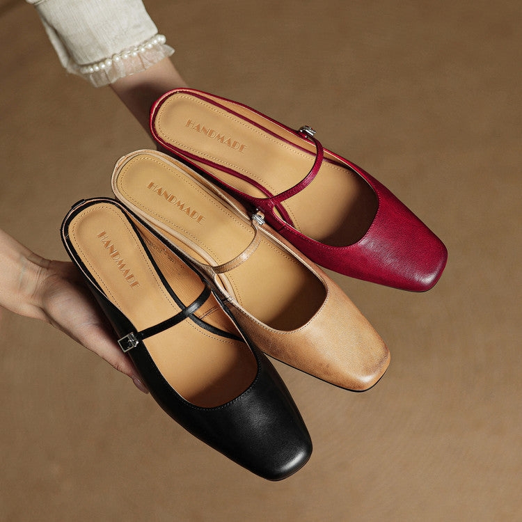 Square Toe Buckle Strap Block Heel Mary Jane Mules