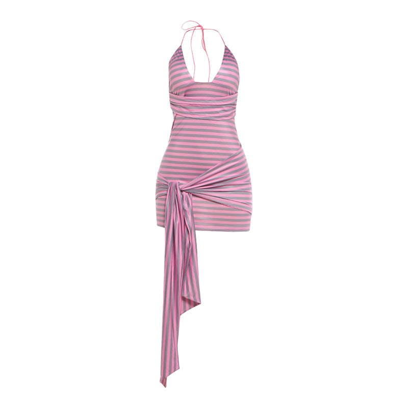 Striped Halter Deep V-Neck Ruched Side Tie Bodycon Mini Dress 5