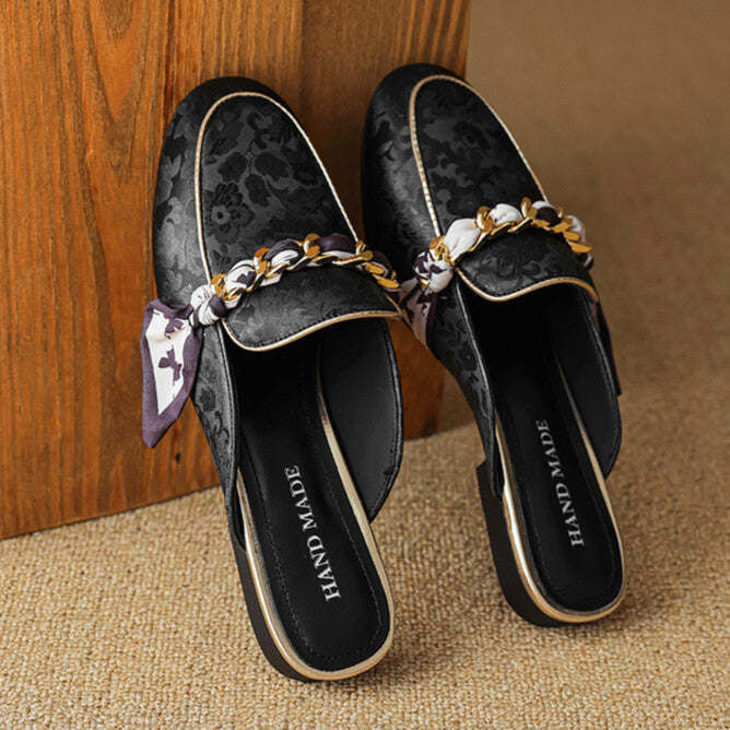 Floral Jacquard Chain Detail Pointed Toe Flat Mules
