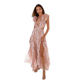 Floral Deep V-Neck Ruffle Cut Out High Low Dress 5