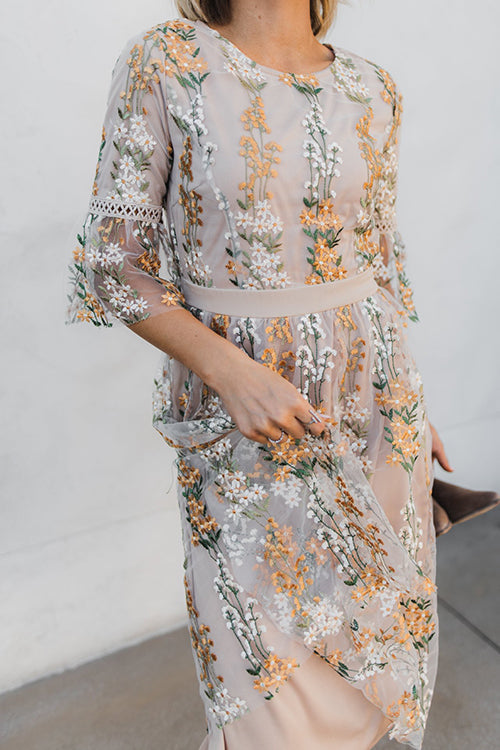 Flutter Sleeves Bloom Embroidered Dress