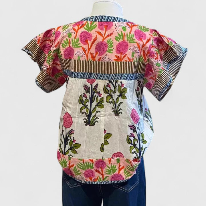 Floral Block Print Puff Sleeve Split Neck Top