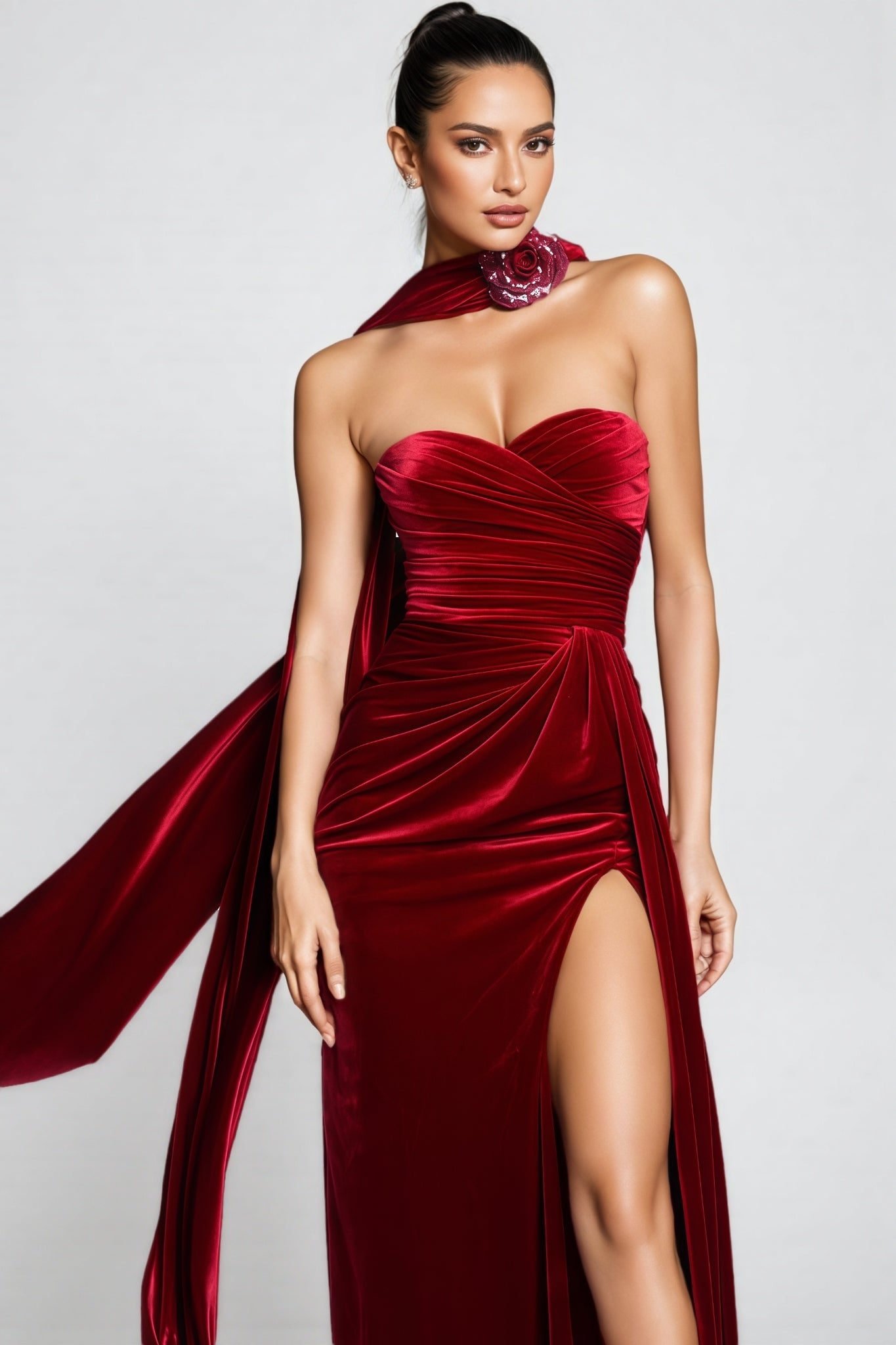 Megas Red 3D Floral Split Maxi Dress