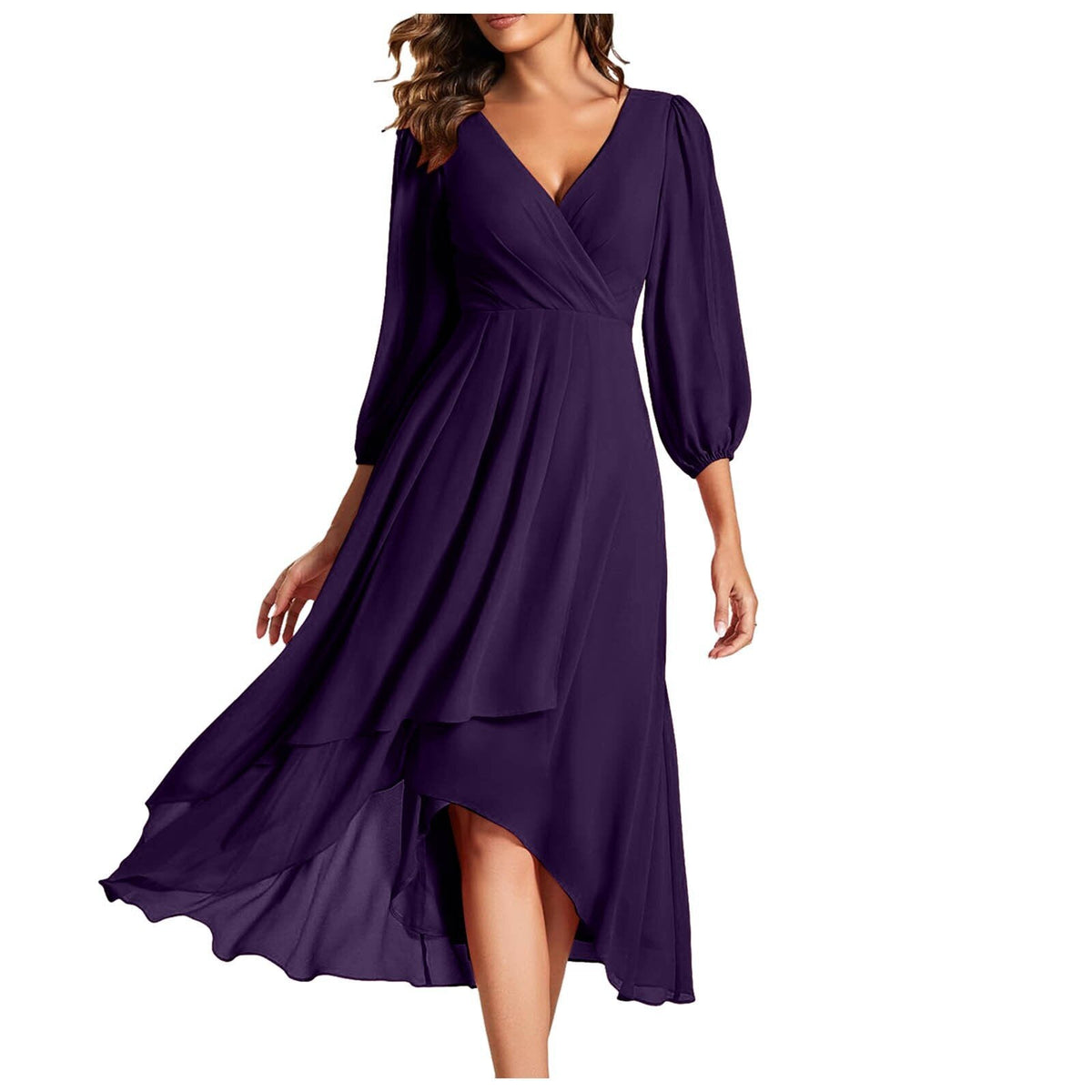 Chiffon V-Neck Long Sleeve High Low Midi Dress