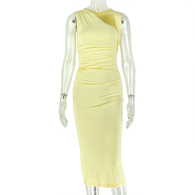 One Shoulder Asymmetric Neck Sleeveless Ruched Bodycon Midi Dress 2