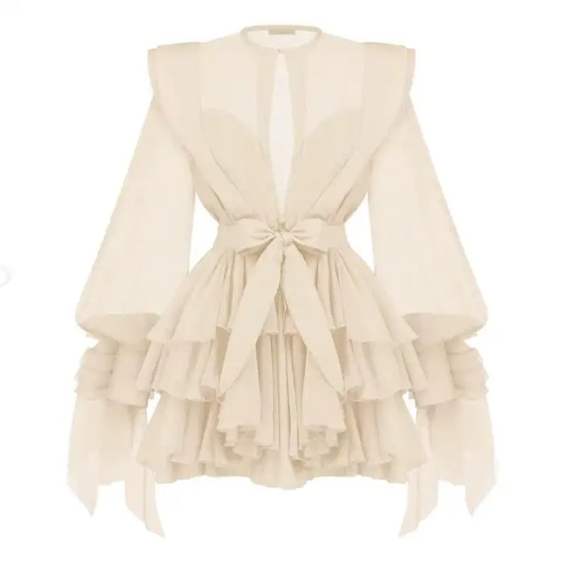 Chiffon Long Sleeve Tiered Ruffle Belted Mini Dress 6