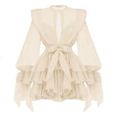 Chiffon Long Sleeve Tiered Ruffle Belted Mini Dress 6
