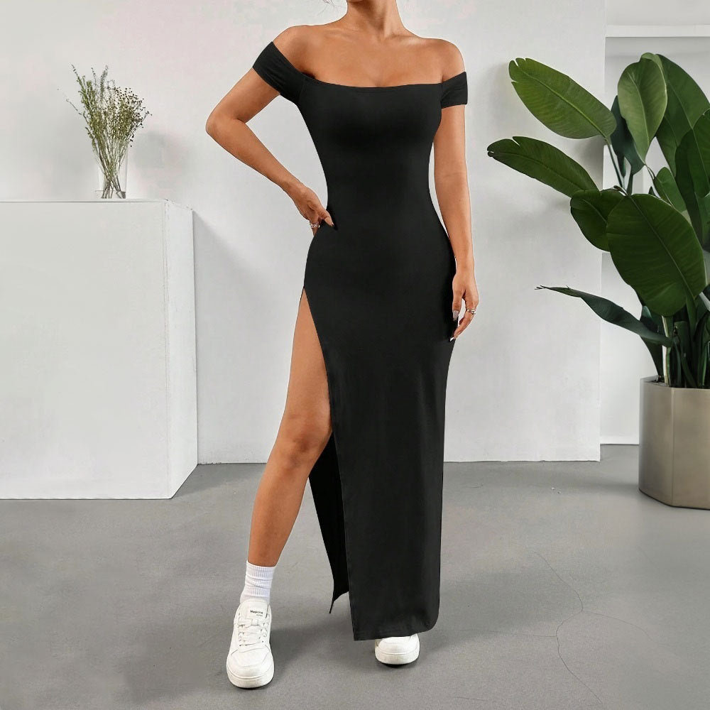 Women Clothing Elegant Sexy Dress Spring Summer Black off the Shoulder Slit Midi Dress