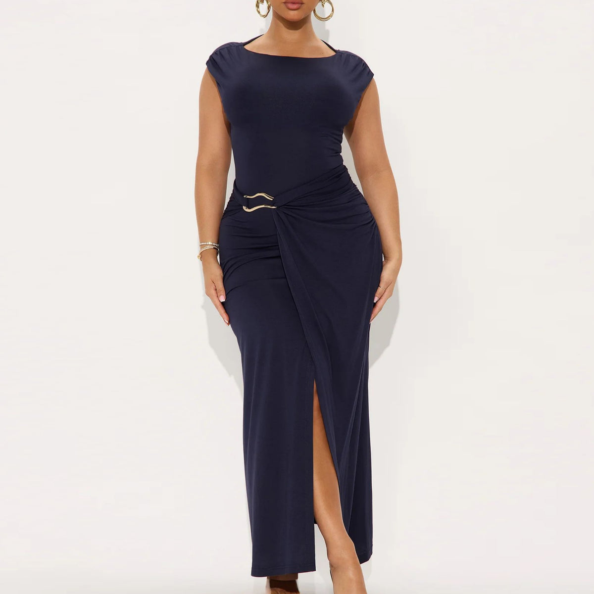 Boat Neck Cap Sleeve Buckle Twist Wrap Asymmetric Midi Dress 2