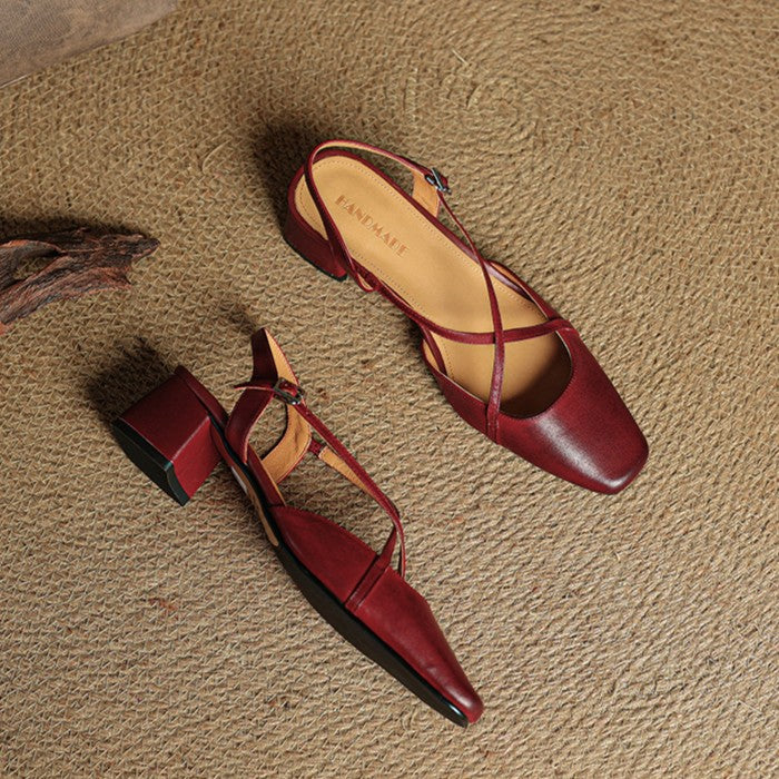 Square Toe Cross Strap Block Heel Slingback Pumps