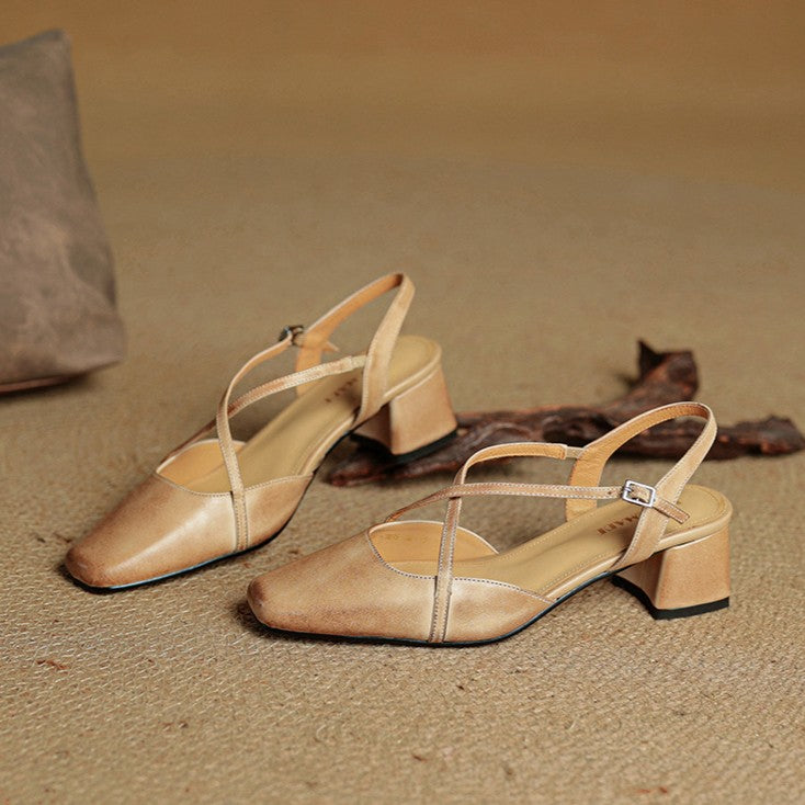 Square Toe Cross Strap Block Heel Slingback Pumps