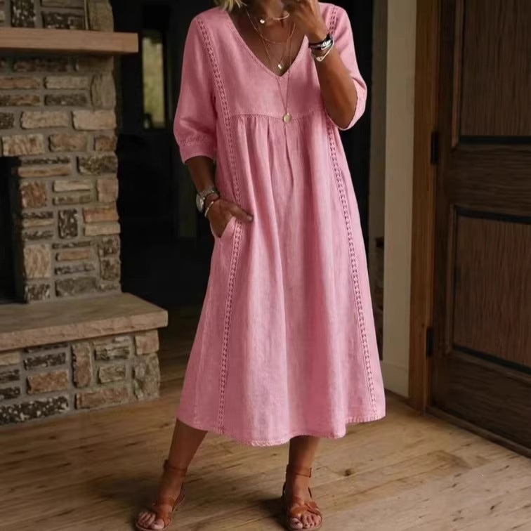 V-Neck Lace Trim Linen Pocket Midi Dress 2
