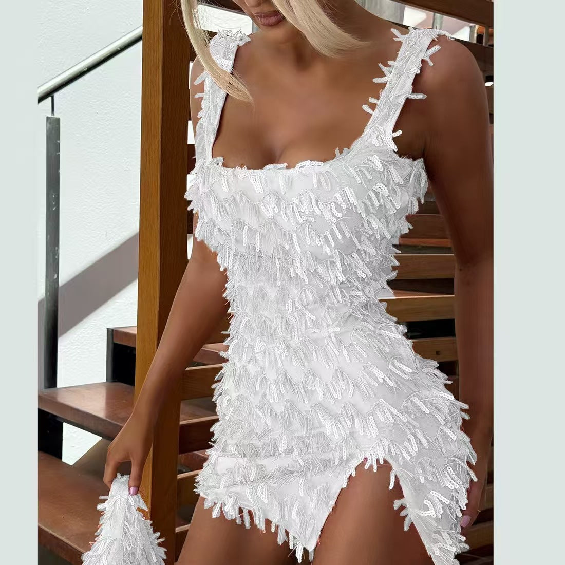 Sequin Fringe Square Neck High Split Bodycon Mini Dress 9