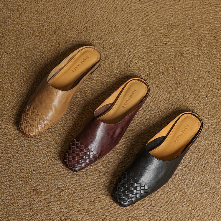 Woven Square Toe Flat Mules