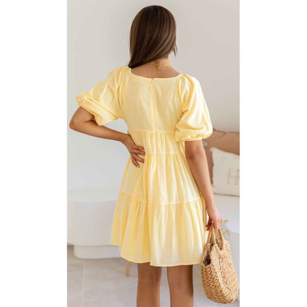 Deep V-Neck Puff Sleeve Tiered Babydoll Mini Dress 3