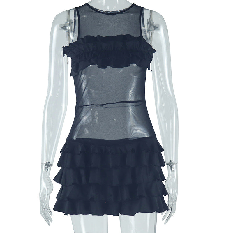 Solid Color Frillies Swing Hip Round Neck Sleeveless Dress