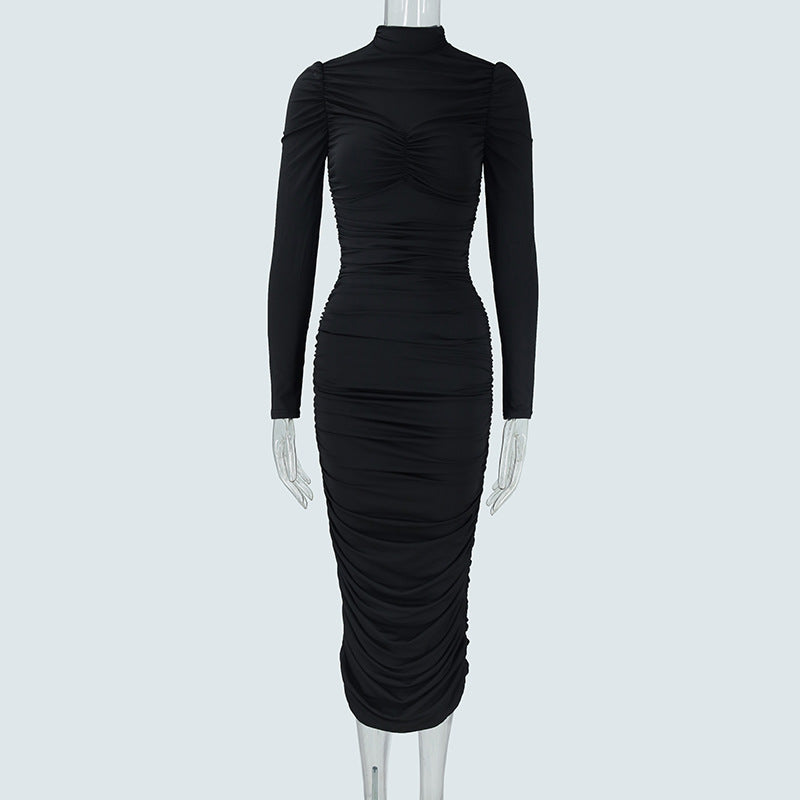 Mock Neck Long Sleeve Ruched Mesh Bodycon Maxi Dress 5