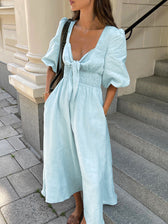 Sweetheart Puff Sleeve Tie Front Smocked Midi Dress Summer 4