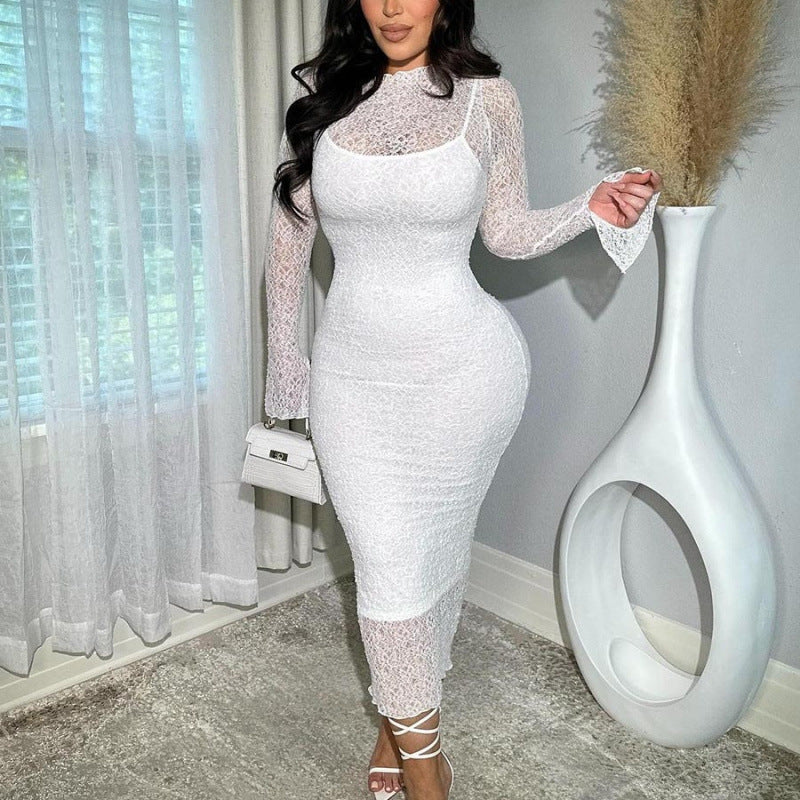 Sheer Lace Mock Neck Flare Long Sleeve Layered Bodycon Midi Dress