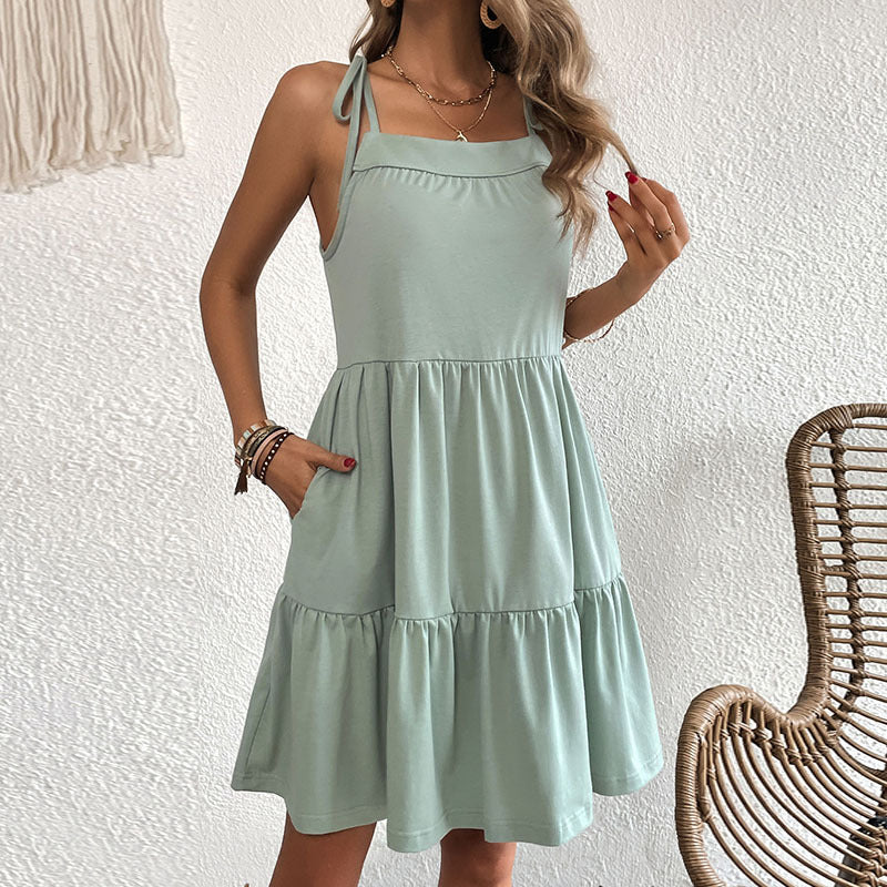 Summer Women French Square Collar Suspender Stitching Tied Dress